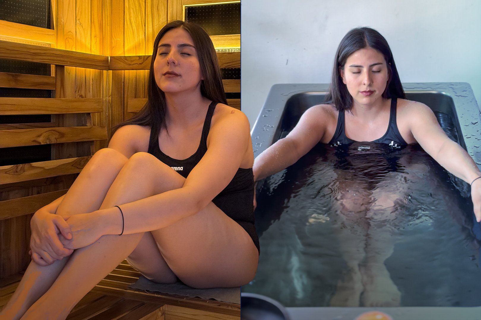 A woman relaxes in a sauna and an ice bath, both wearing a black swimsuit, with eyes closed in both settings.