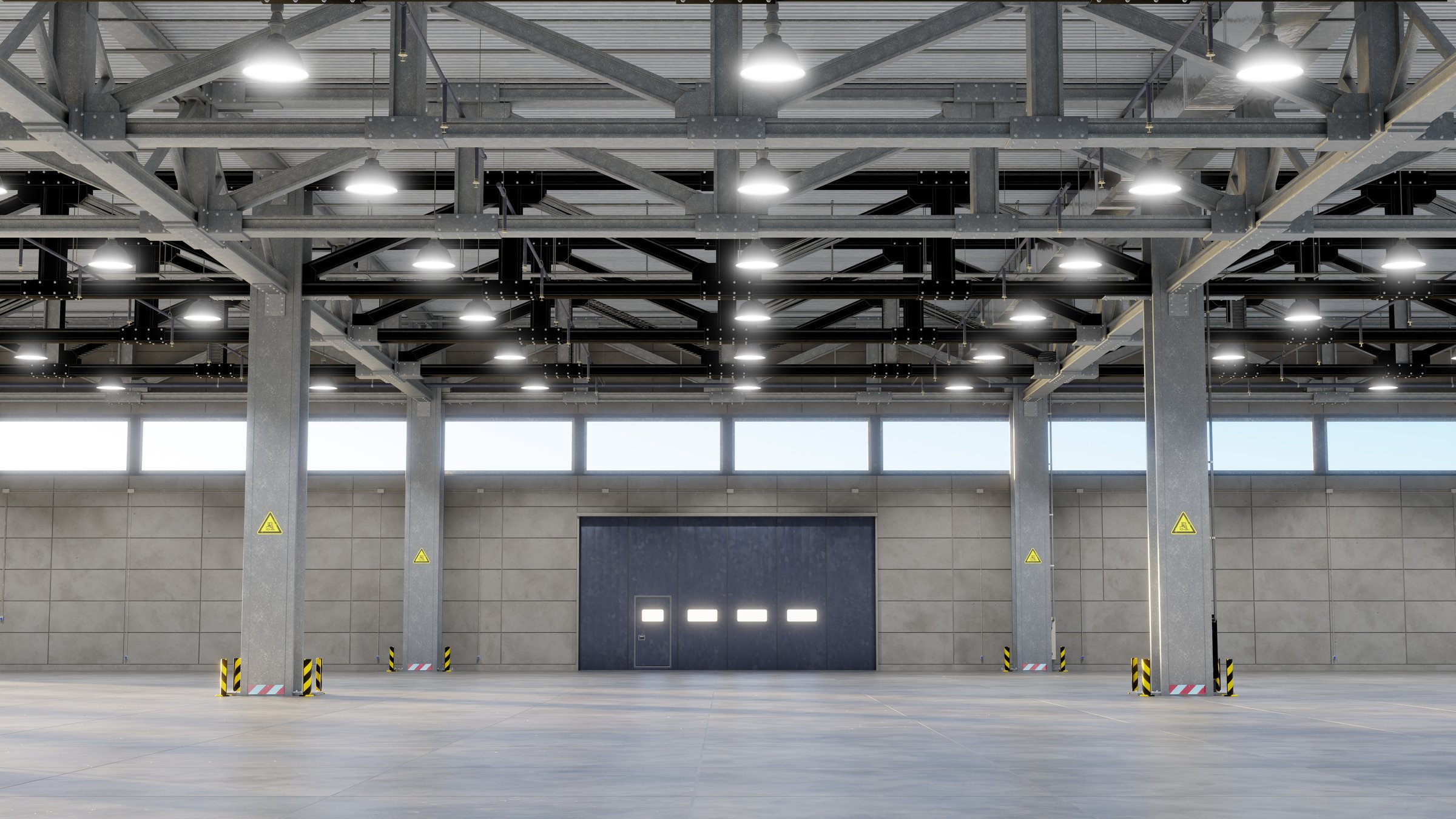 Spacious industrial warehouse featuring bright overhead lights, large open area, and tall ceilings. concrete walls and floor create a versatile environment for storage or events. 3d render.