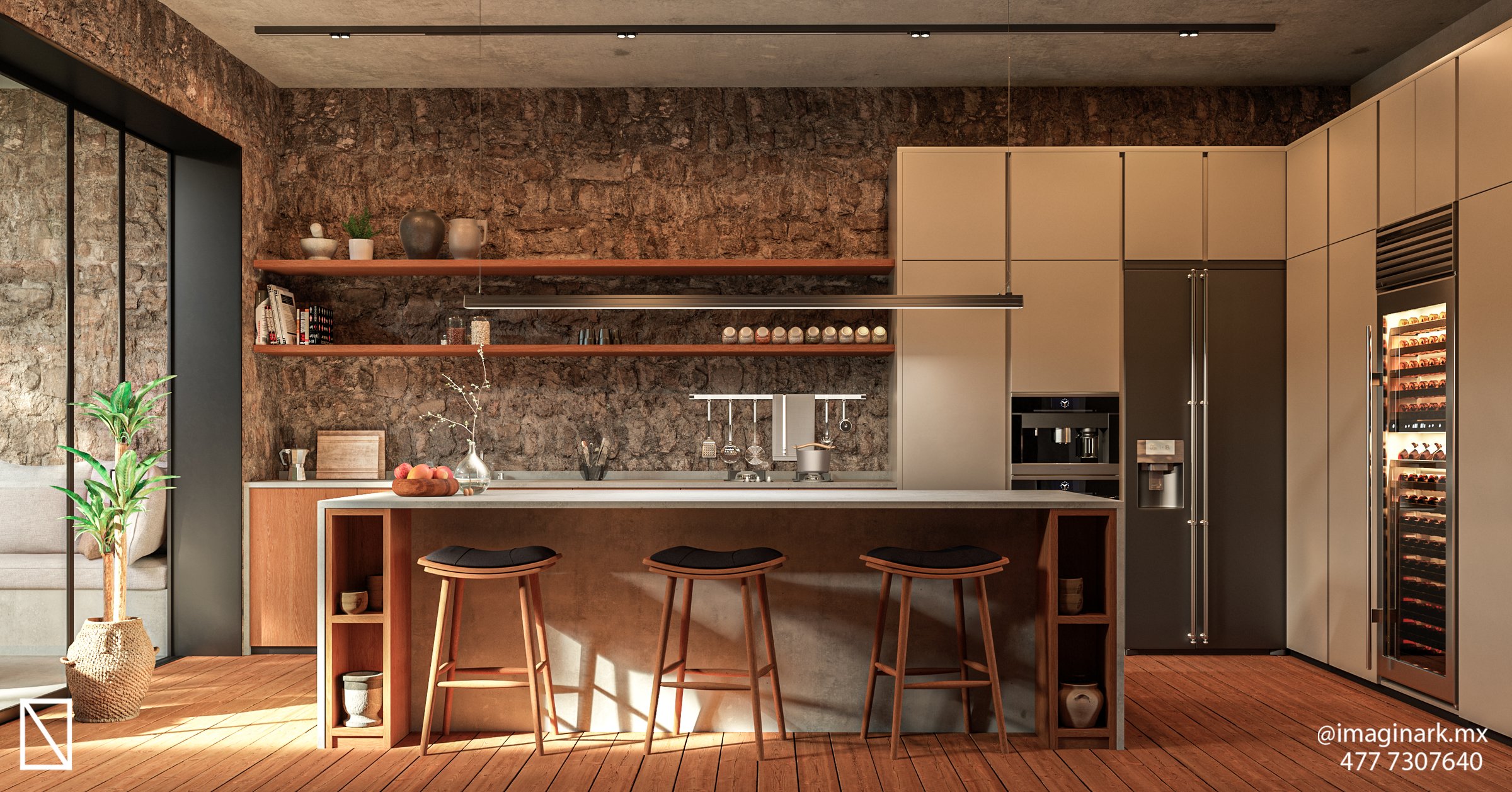 Modern kitchen with stone walls, a central island with stools, open shelves, and built-in appliances. Wood flooring adds warmth.