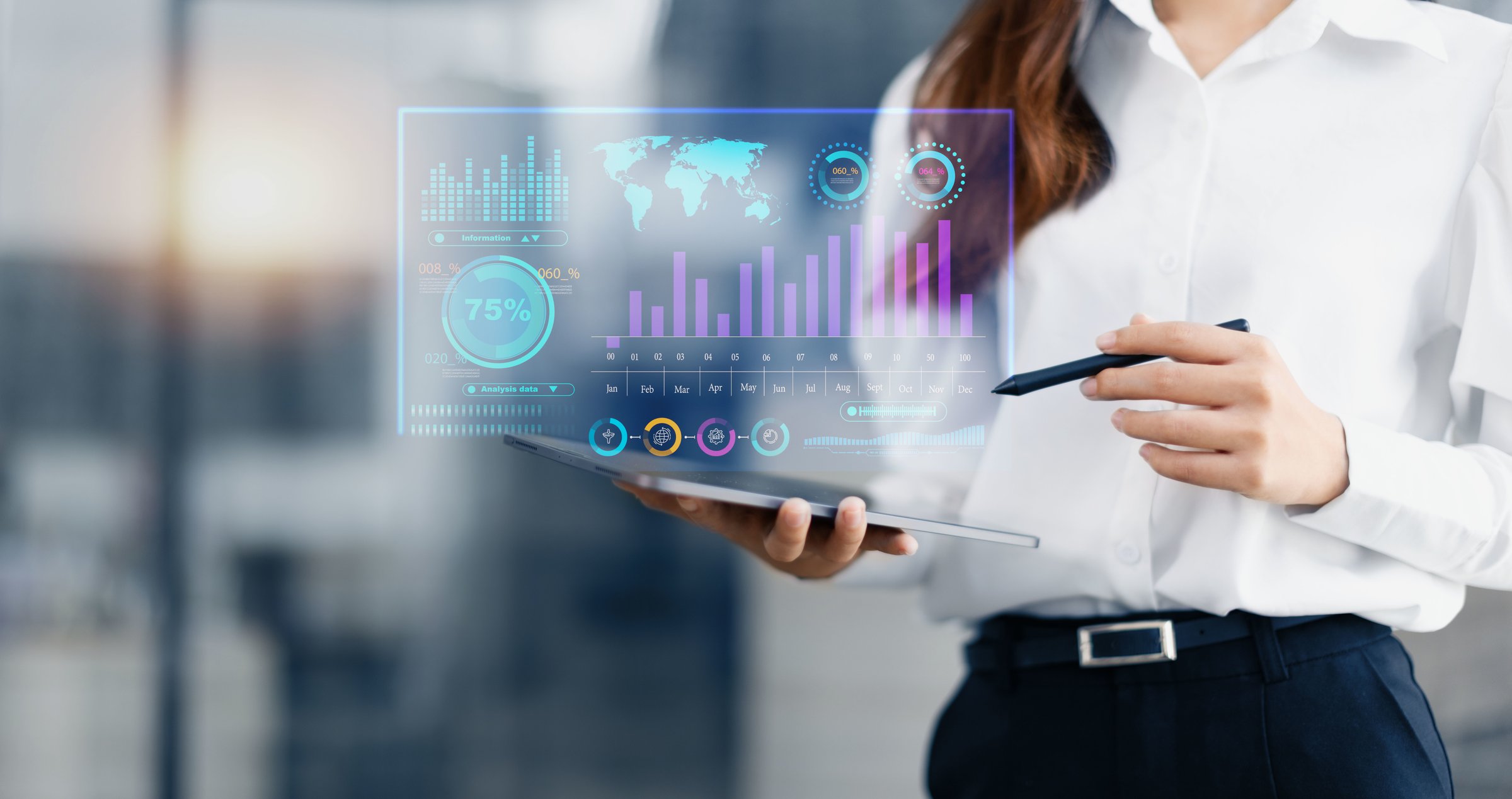 Businesswoman presentation using tablet standing in meeting room, Business technology in boardroom for training marketing concept