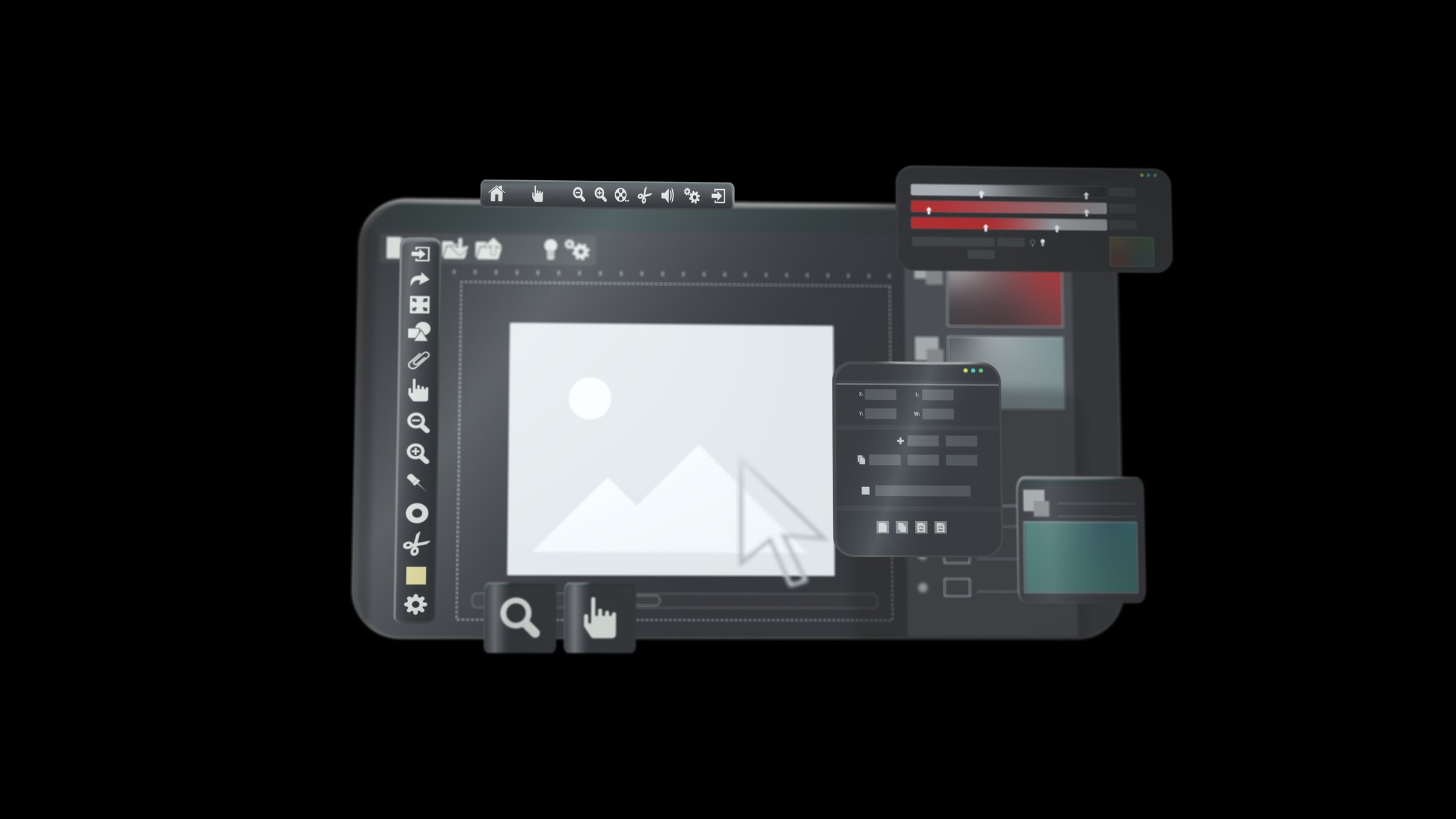 Photo editing interface with toolbar, image editing, tools against a black background