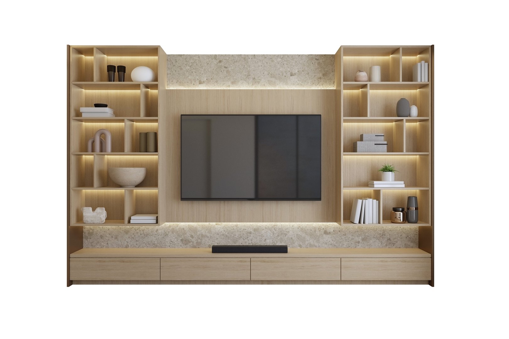 Wooden TV shelf cabinet with decorative object isolated on background.3d rendering