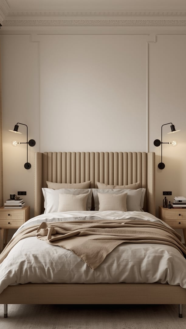 Scandinavian modern bedroom with wall-mounted lamps