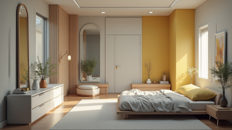 Minimalist bedroom with abstract mock up artwork, neutral bedding, and layered textiles in soft daylight. Stylish home decor.