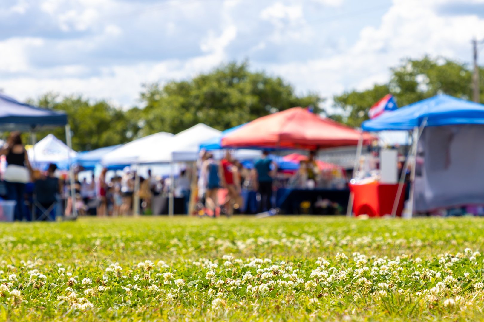 Defocused photo of a weekend cultural festival in a public park.