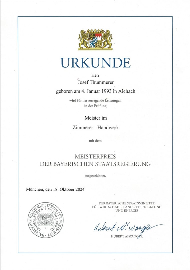 Meisterbrief - Auszeichnung als Schwabensbester Zimmerermeister
