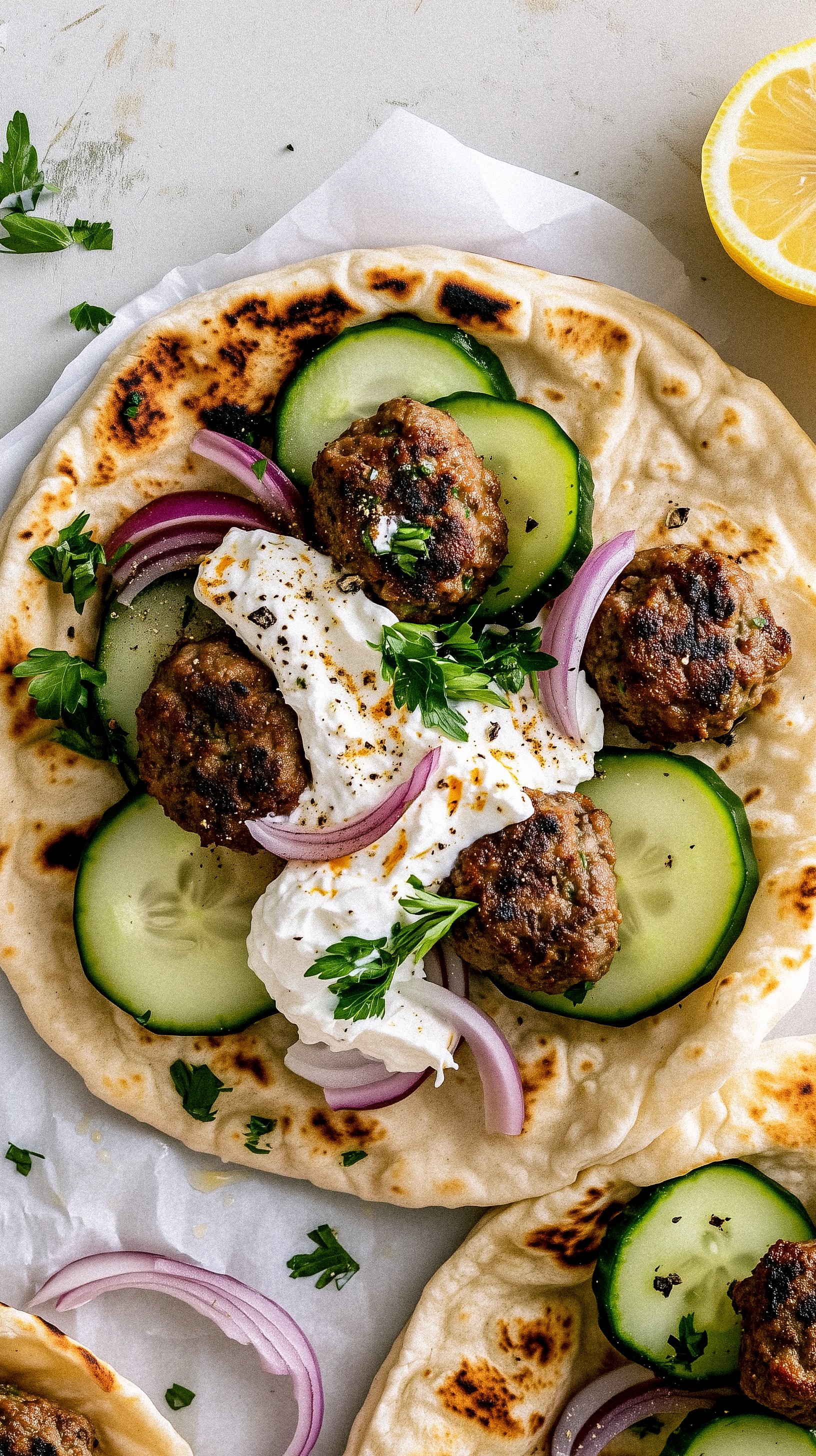 Greek pita with meatballs and tzatziki sauce