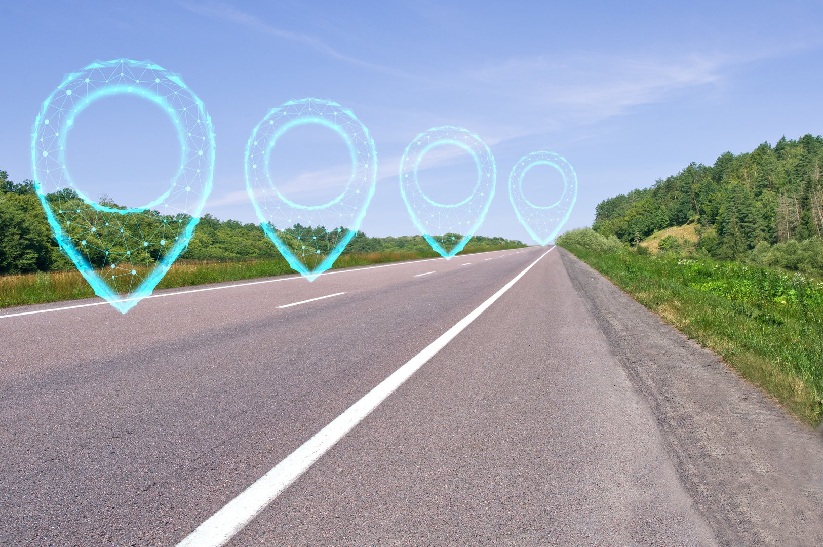 Road with polygonal pointers. Highway along green forests and blue sky. Summer natural landscape.  Logistic concept. Navigation concept.