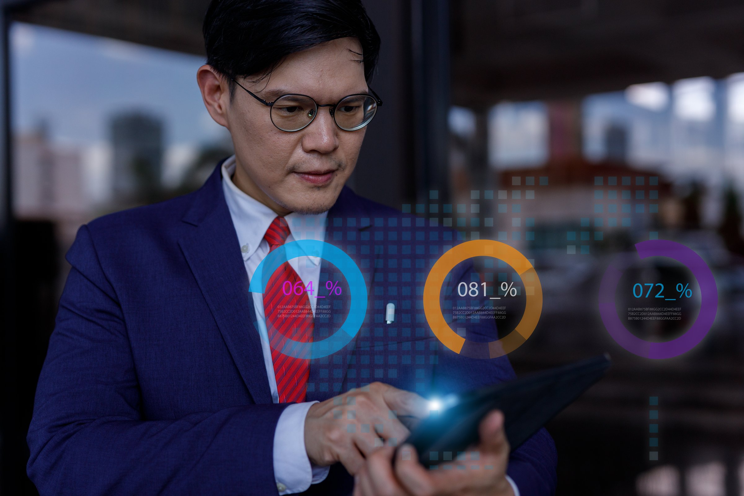 Businessman use tablet pointing growth investments market chart analyze digital. Business orientation management quarterly. Financial  progress percentage strate big data technology.