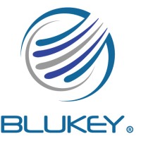 Logo featuring a stylized globe with blue and gray lines, above the word BLUKEY in blue font.