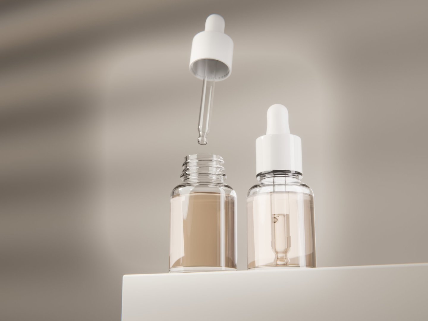 Glass dropper serum bottles with amber liquid, studio product shot. Serum Bottles Mockup