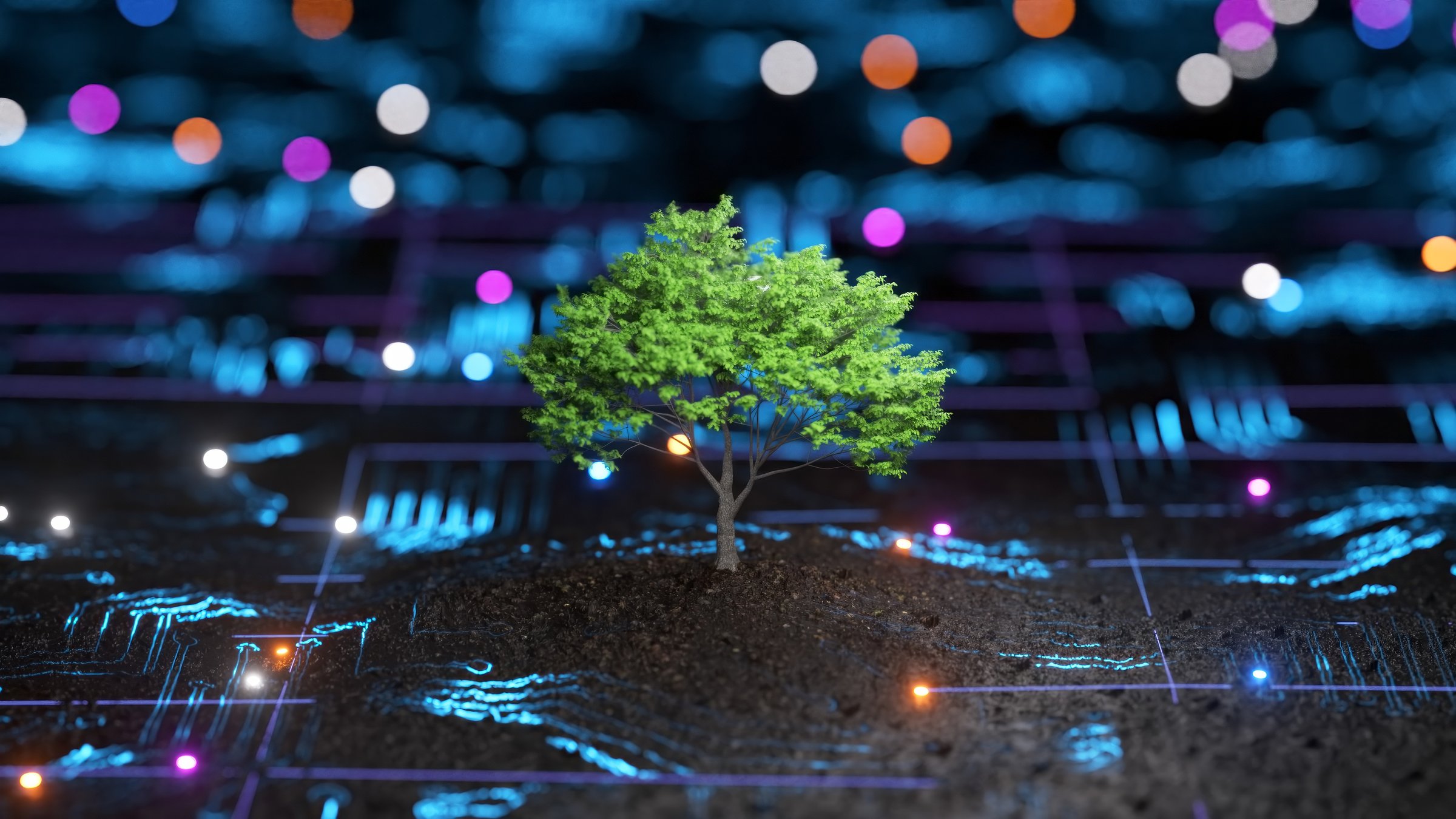 A lone tree stands amidst glowing digital lines on a dark surface, symbolizing nature meets technology.