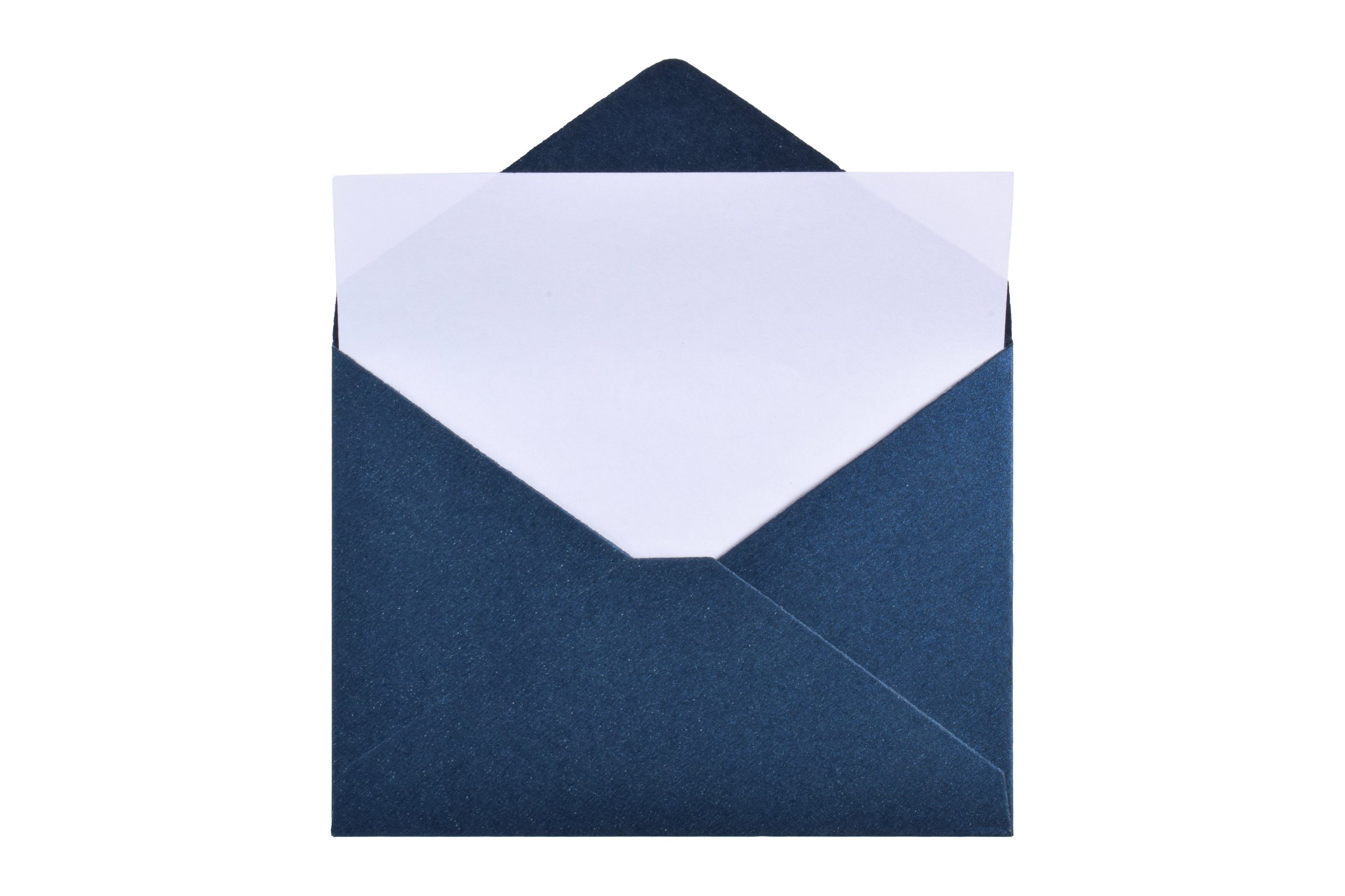Opened dark blue paper envelope with paper sheet isolated on white background
