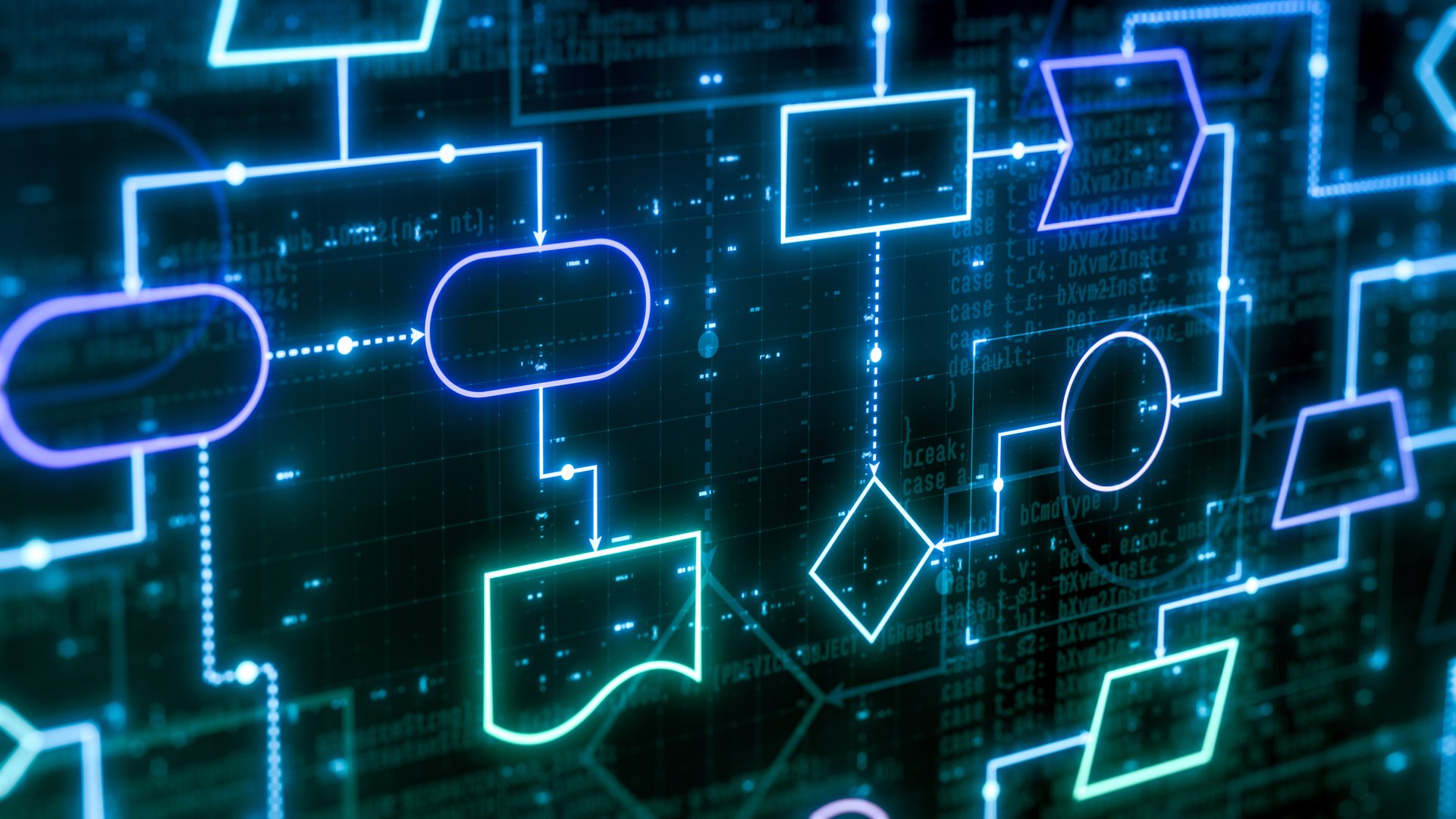 software development flowchart, concept for computer programming, machine learning, visual representation of code flow (3d render)