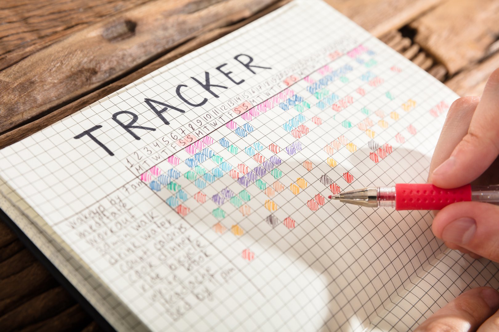 Close-up Of A Person's Hand Drawing Tracker Chart On Grid Notebook