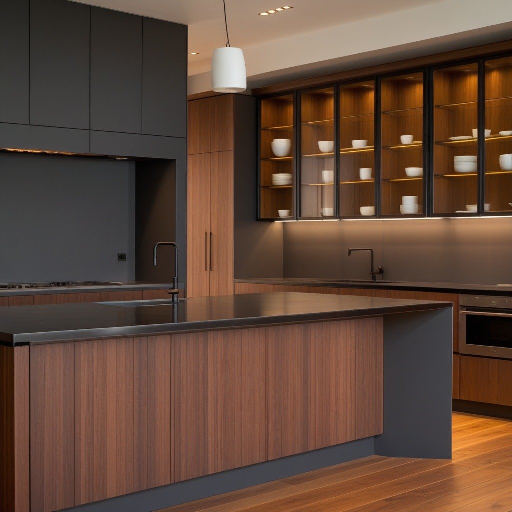 Modern kitchen with wood cabinets, dark countertops, sleek appliances, and open shelving displaying white dishes.