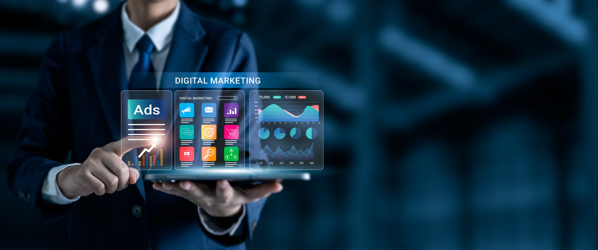 Businessman using digital marketing platform for advertising on virtual screen, showing online ads performance, SEO, social media, e-commerce and marketing strategy for business growth.