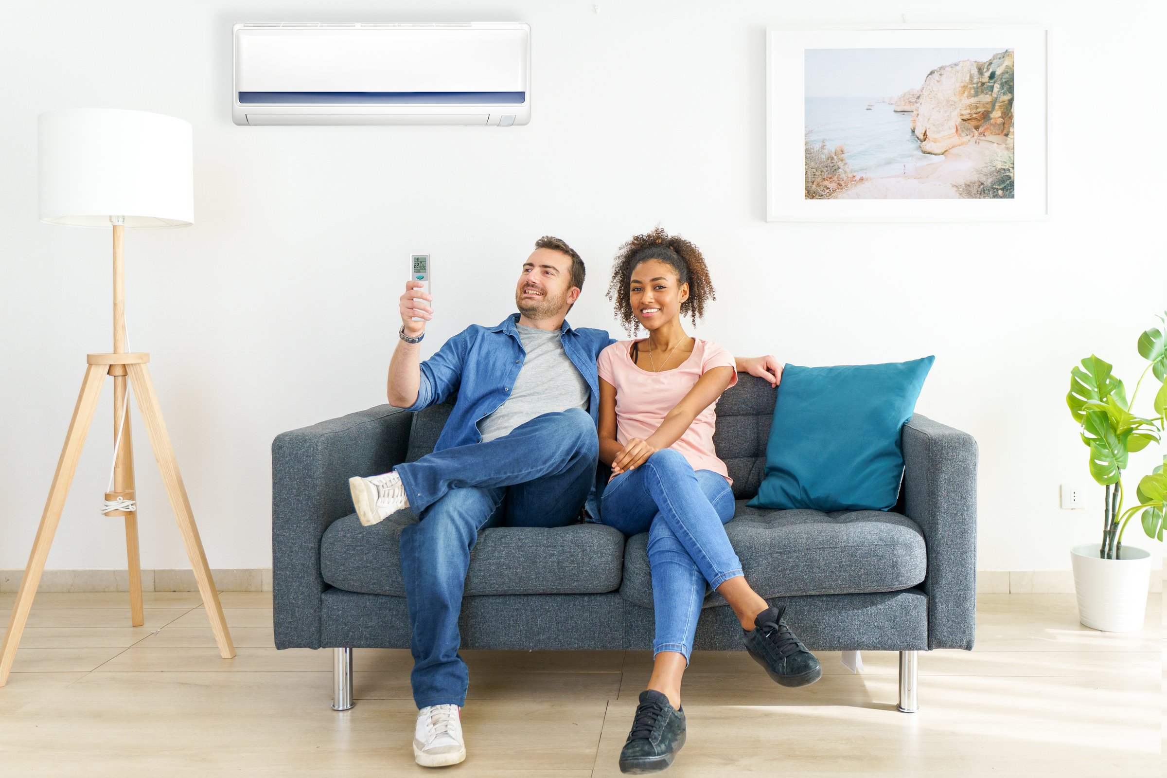 Cheerful couple sitting on sofa switching on air conditioner
