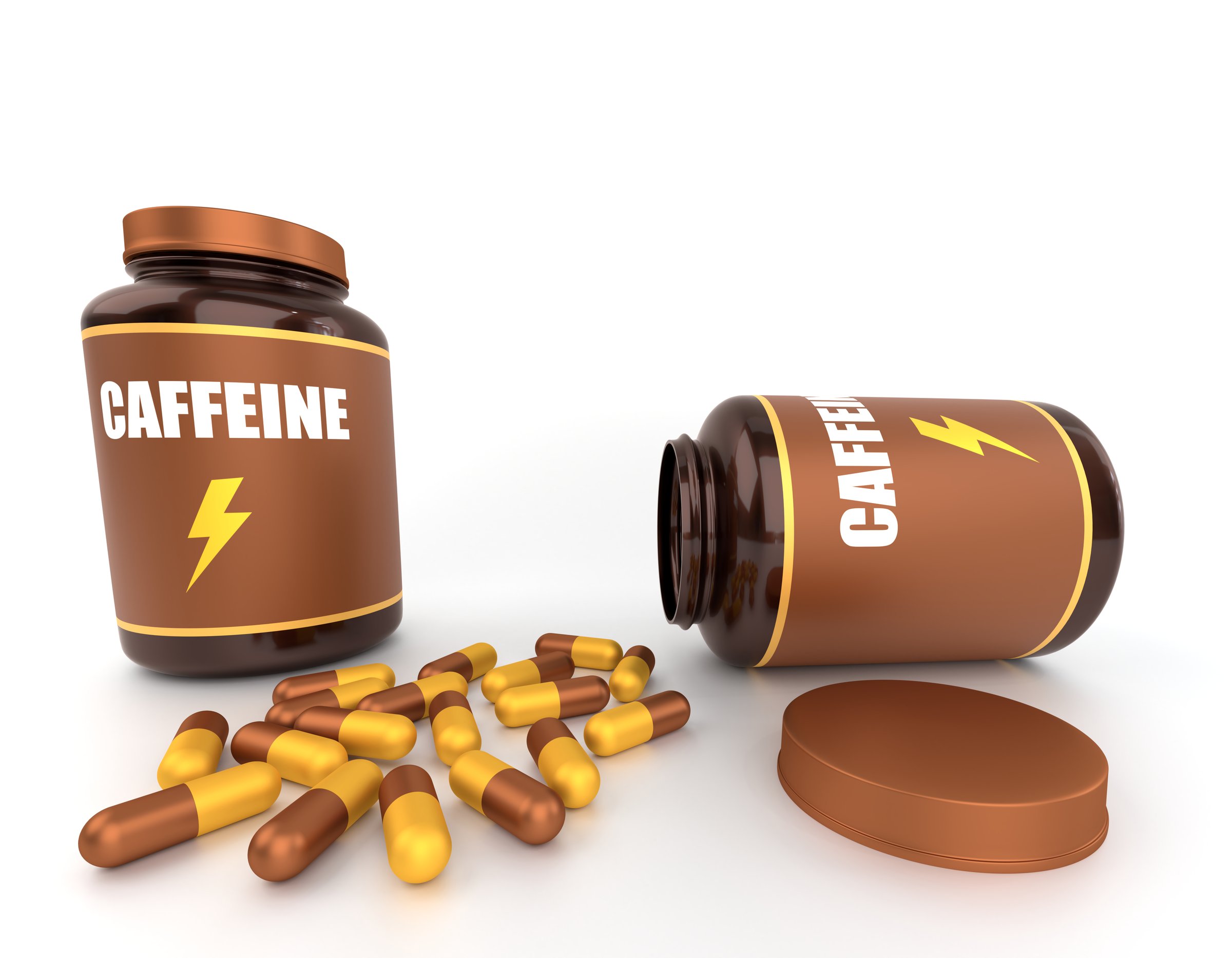 3d Illustration of caffeine capsules and bottle on white background