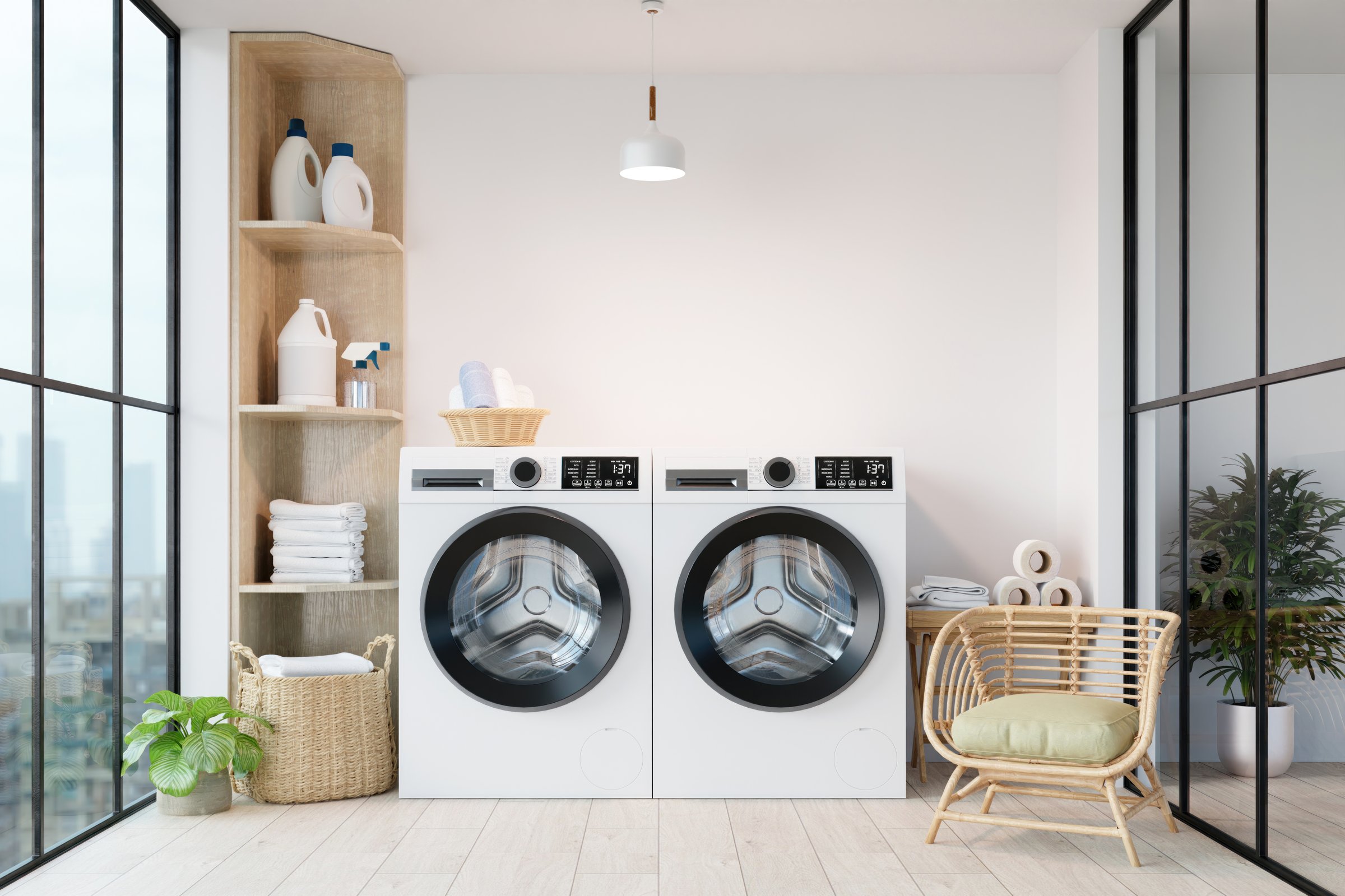 A stylish laundry room showcasing modern washing machines, ample storage, and natural light, perfect for a contemporary home.