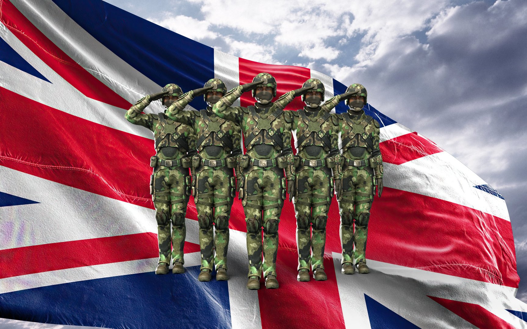3d Illustration of UK army soldier with nation flag. Greeting card for Veterans Day , Memorial Day, Independence Day . United kingdom celebration.