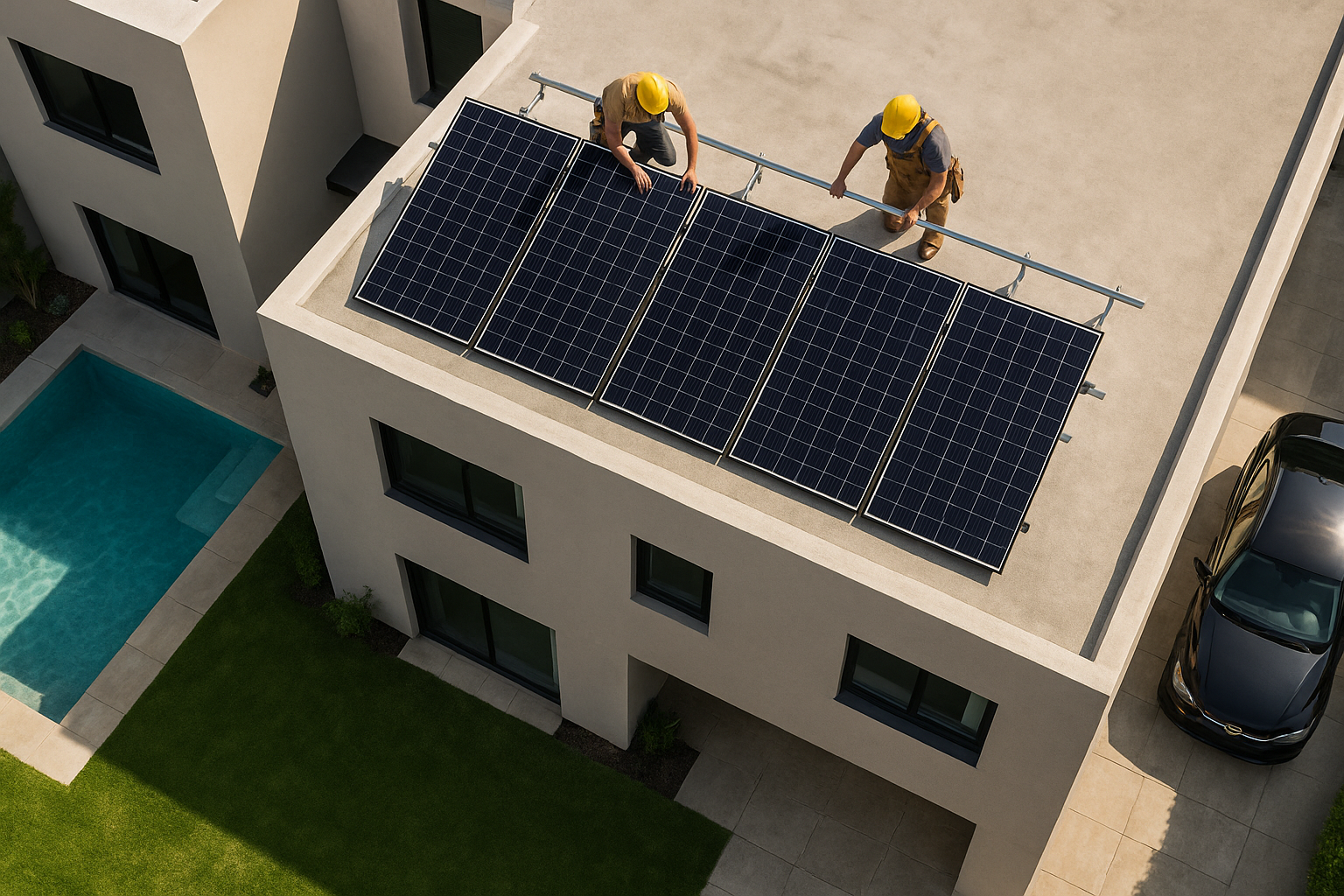 Workers building solar panel system on rooftop of house. Two men installers in helmets installing photovoltaic solar module outdoors. Alternative, green and renewable energy generation concept.