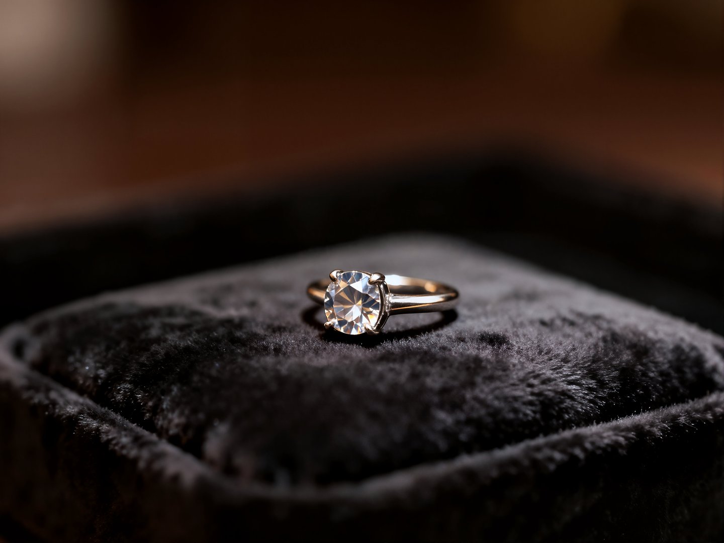 A close-up shot of a stunning classic solitaire diamond ring with a yellow gold band resting on a dark black velvet jewelry box. The focus is on the brilliant-cut diamond.
