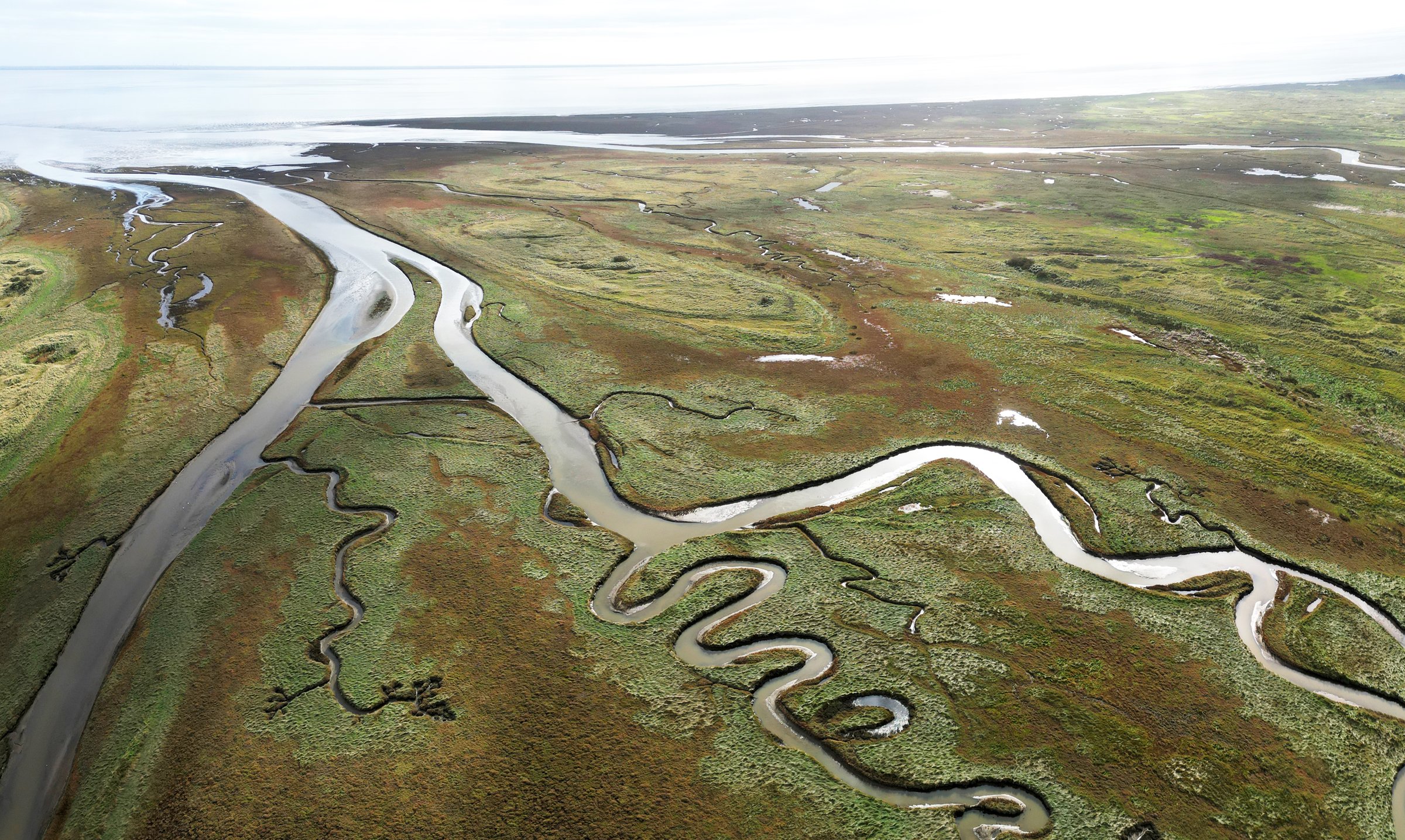 Aerial view of an inlet and streams of the Boschplaat at Terschelling West, The Netherlands