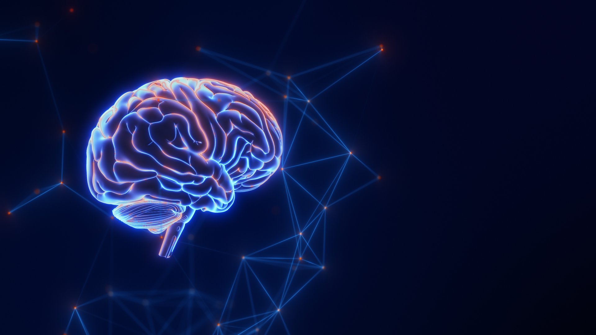 Digital brain illuminated with vibrant orange neural connections, set against a blue background. The brain, positioned on the left, features plexus technology to enhance its futuristic look. The right side offers ample copy space, making this image ideal for showcasing concepts related to AI, big data, and advanced neural networks. Perfect for projects on technology, artificial intelligence, and human brain functions.