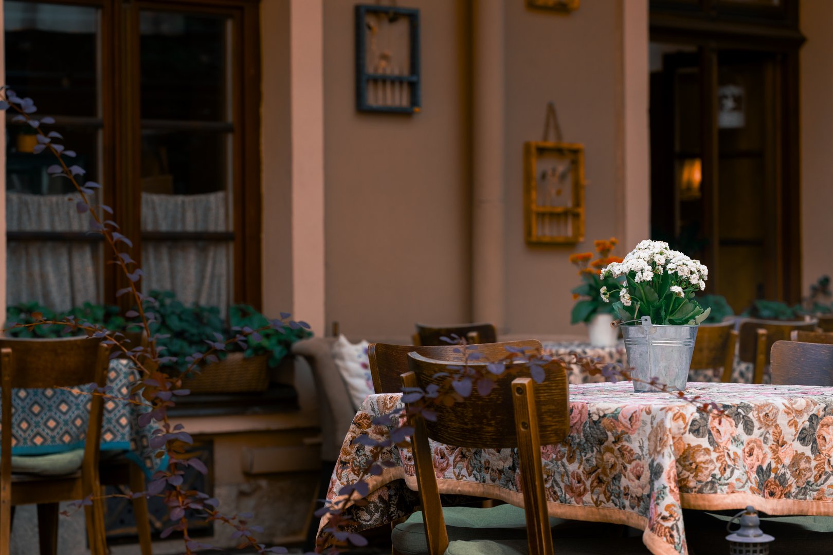 vintage cafe interior aesthetic without people in the room wooden furniture flower pot and decorative elements