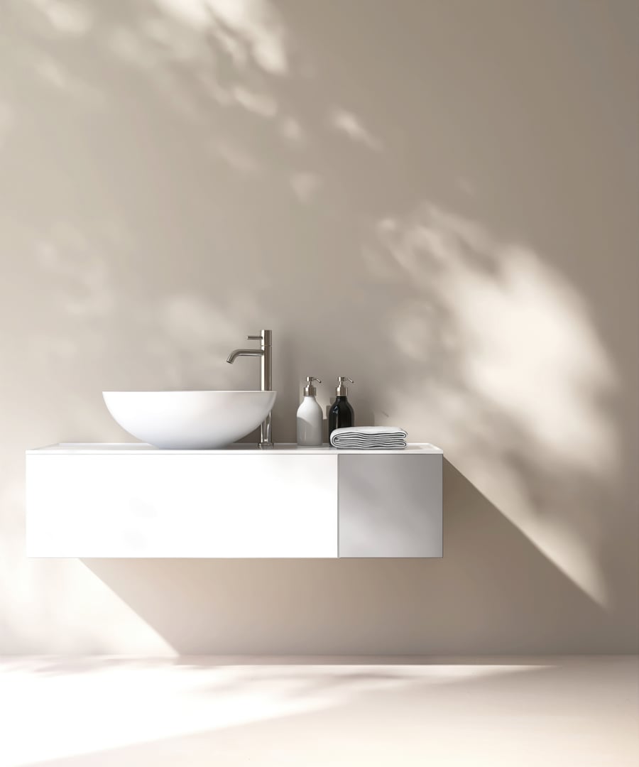 White round washbasin, chrome faucet on vanity counter, towel, dispenser in outdoor bathroom in dappled sunlight on beige wall for modern, luxury beauty, cosmetic, skincare, body care background 3D