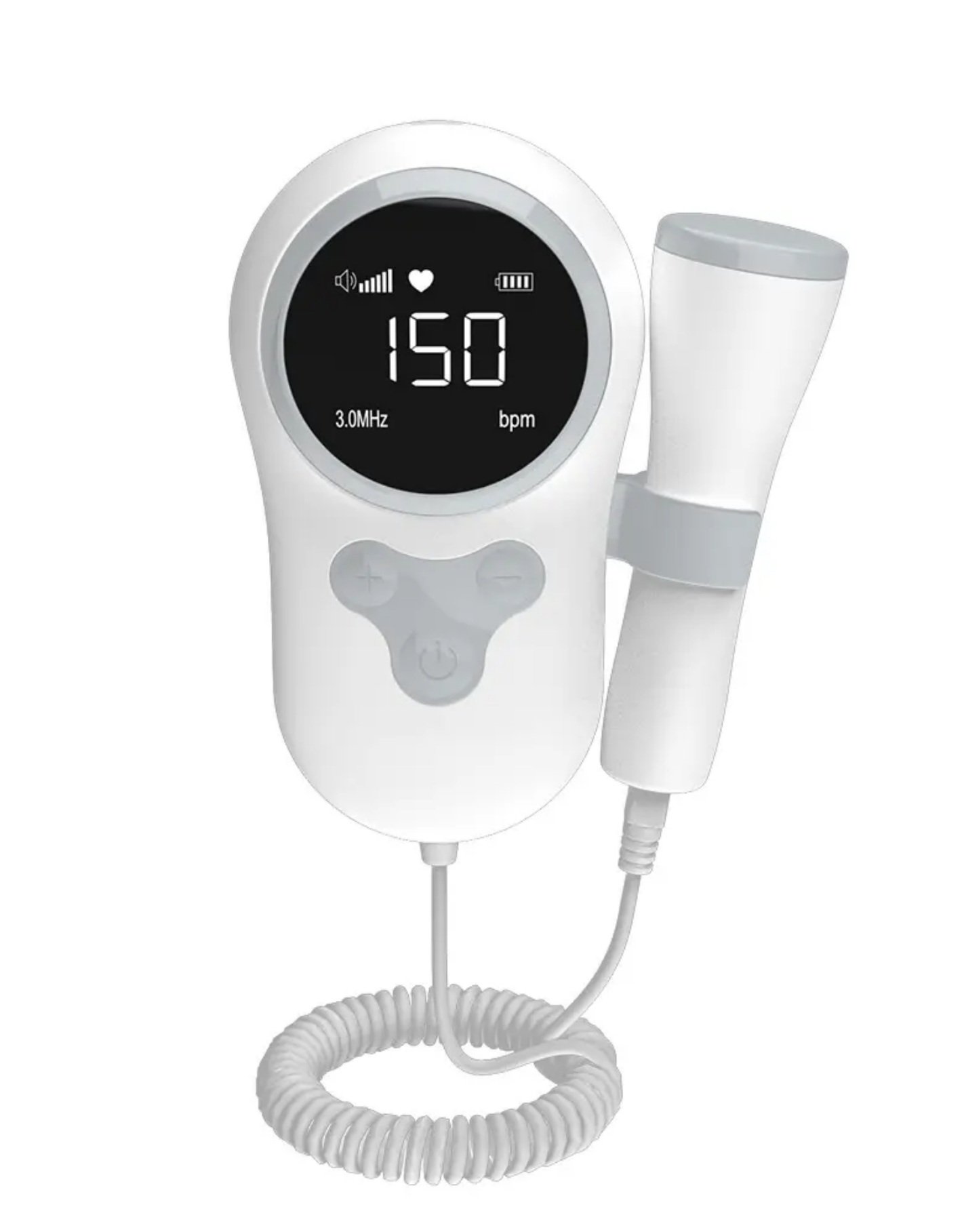 Handheld fetal doppler with digital display showing heart rate, featuring a connected probe and coiled cord.