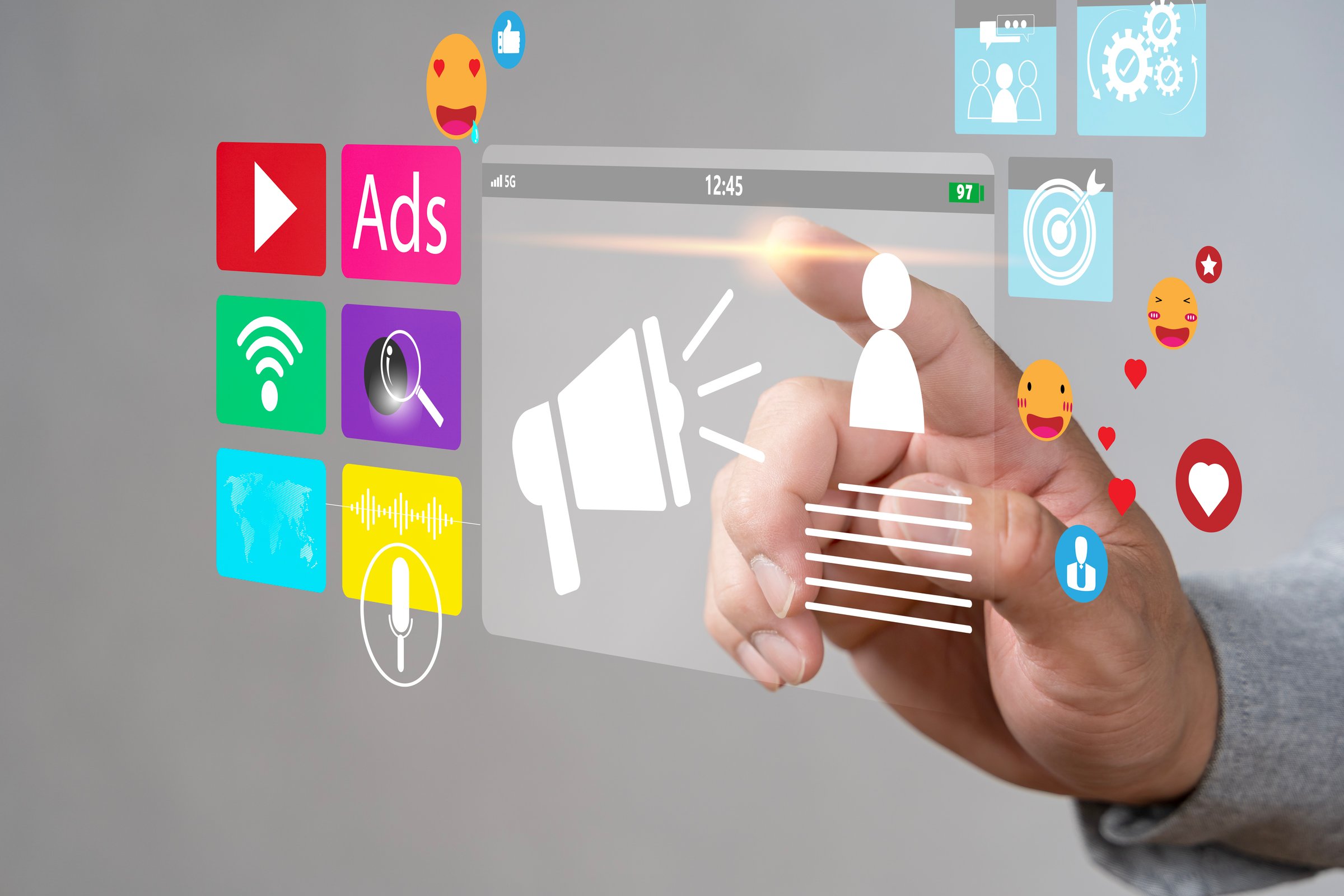Digital marketing commerce online sale concept, Promotion of products or services through digital channels search engine, social media, email, website, Digital Marketing Strategies and Goals. SEO PPC