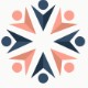 Geometric abstract logo with a star shape, combining peach and navy blue triangles, circles, and arrow-like forms.