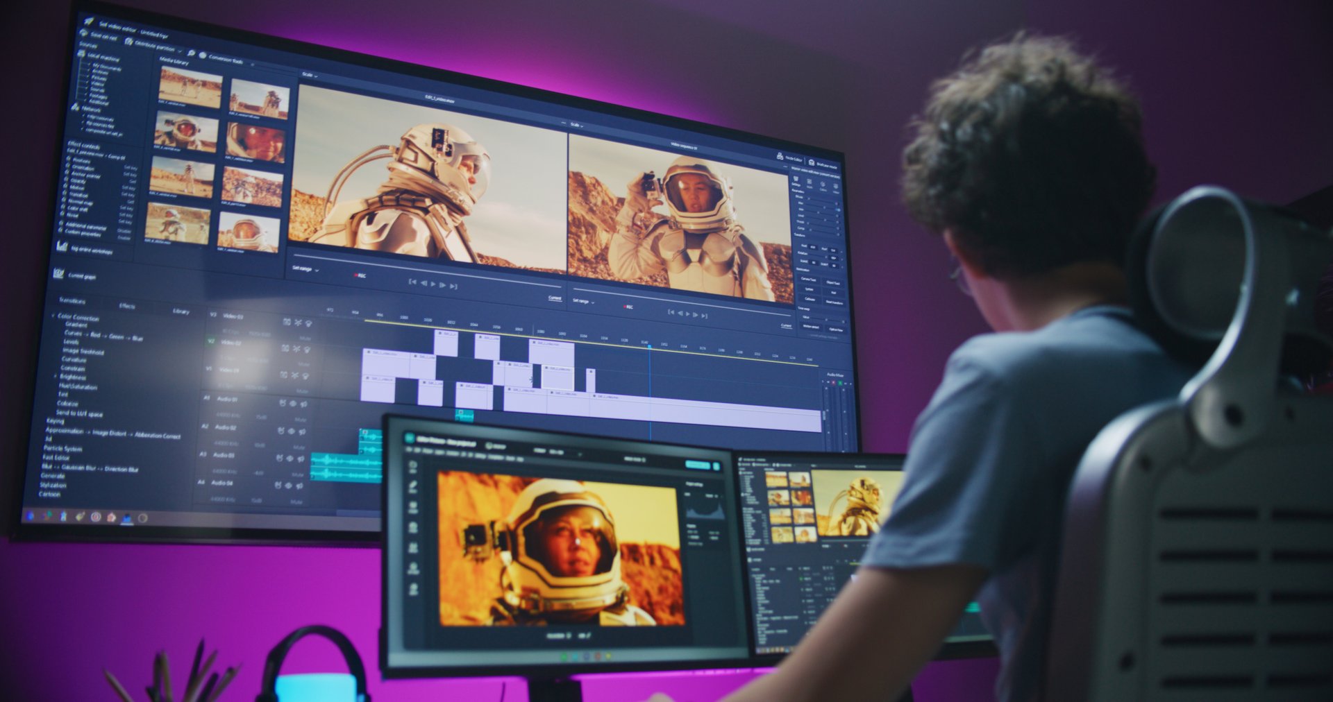 Young video maker edits movie about space mission, works at home office. Film footage and software interface with tools and sound tracks on computer and big digital screen. Concept of post production.