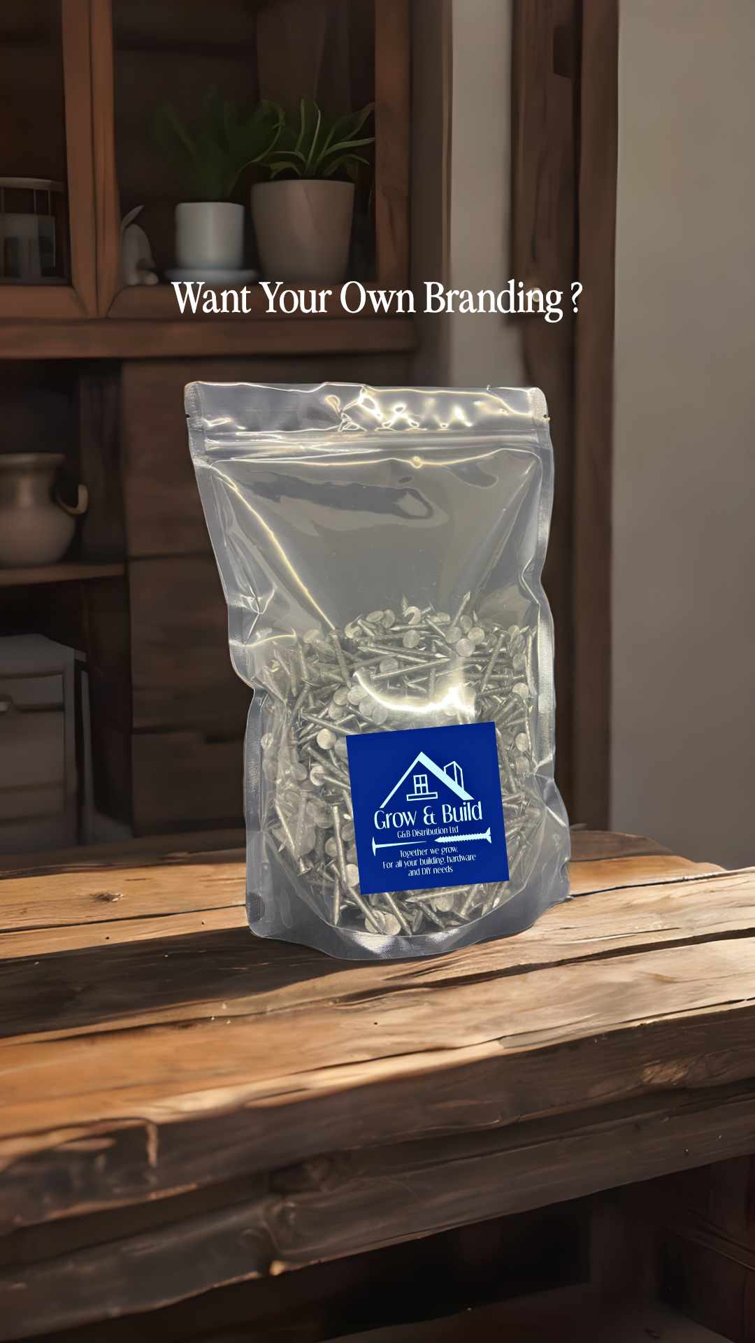 A clear plastic bag containing screws on a wooden table with a "Grow & Build" branded label, asking if you want your own branding.