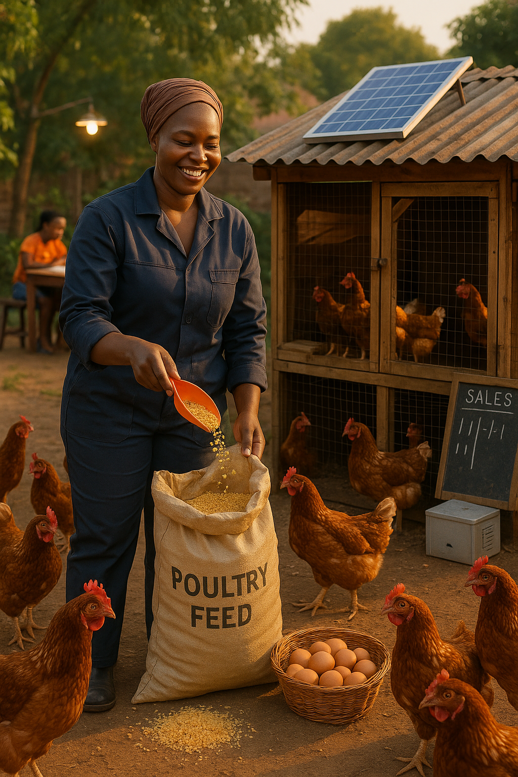 Woman in blue overalls feeds chickens from a bag labeled 'Poultry Feed' near a henhouse with solar panels.