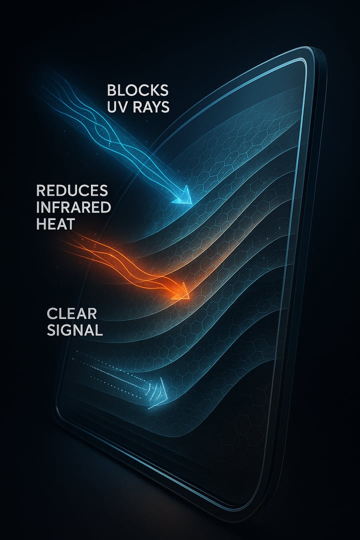Illustration of a car window showing layers with arrows indicating UV blocking, infrared heat reduction, and clear signal transmission.