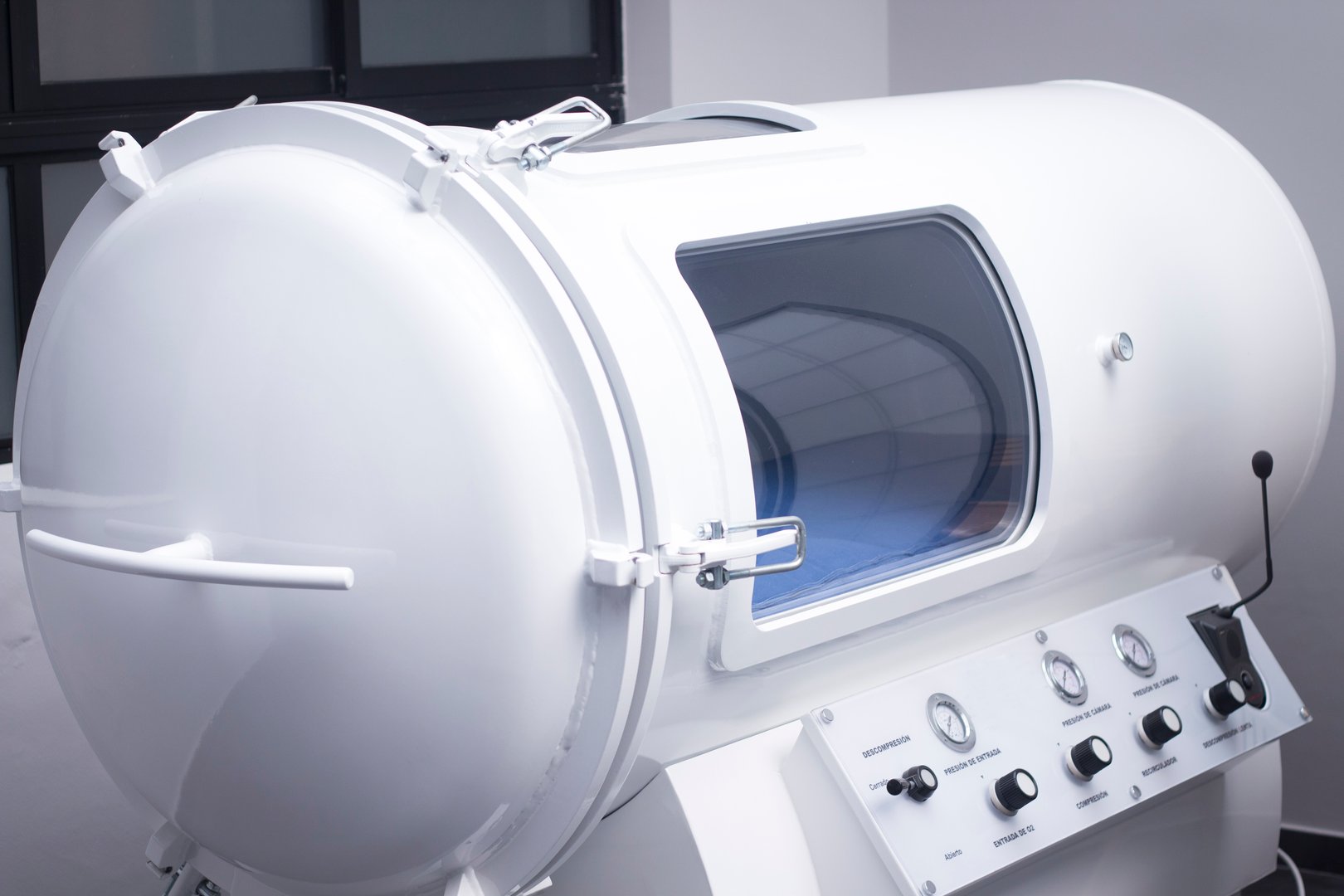 HBOT hyperbaric oxygen therapy chamber tank in hopsital medical center clinic. No property release required as non recognisable generic objects and place.