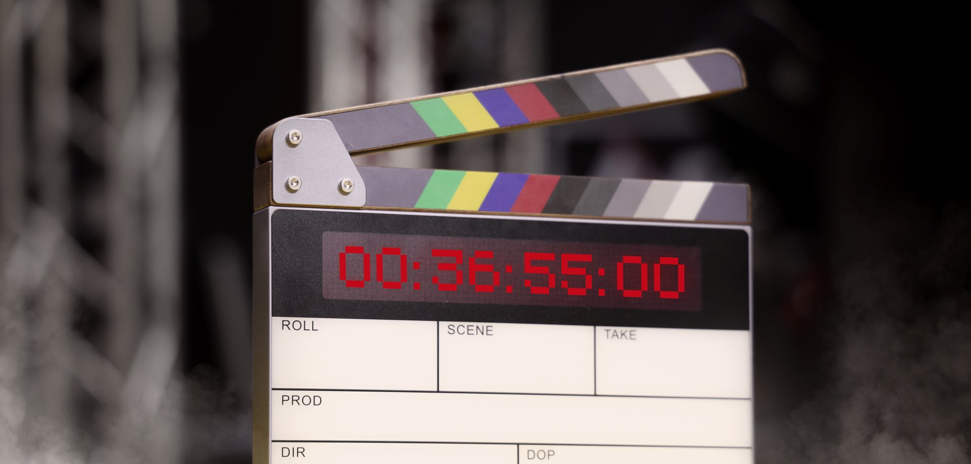 Digital Clapper Board for filmmaker in set. Timecode Slate to use in professional Video Production. Digi number clapperboard or film slates on set. Tools in movie shooting and modern cinema industry.