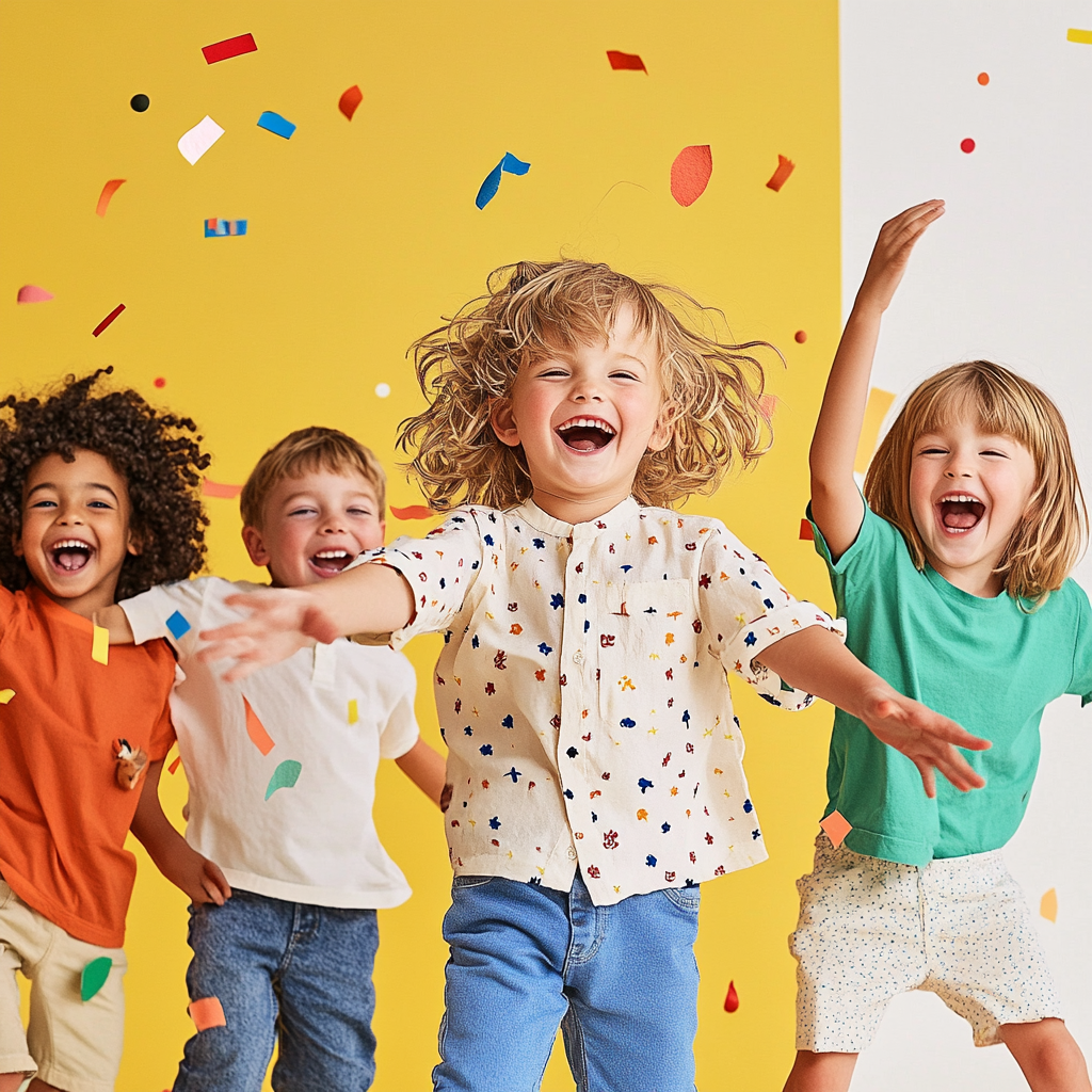 Four children laughing and playing as colorful confetti falls, against a vibrant yellow and white background.