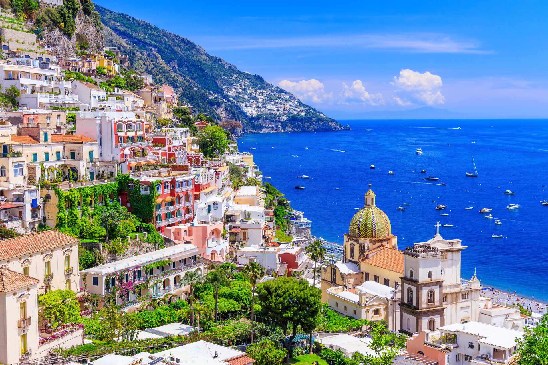 Amalfi Coast, Italy. View of Positano town and the seaside at sunset.