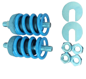 Two blue spiral bolts with washers and four nuts, arranged on a white background.