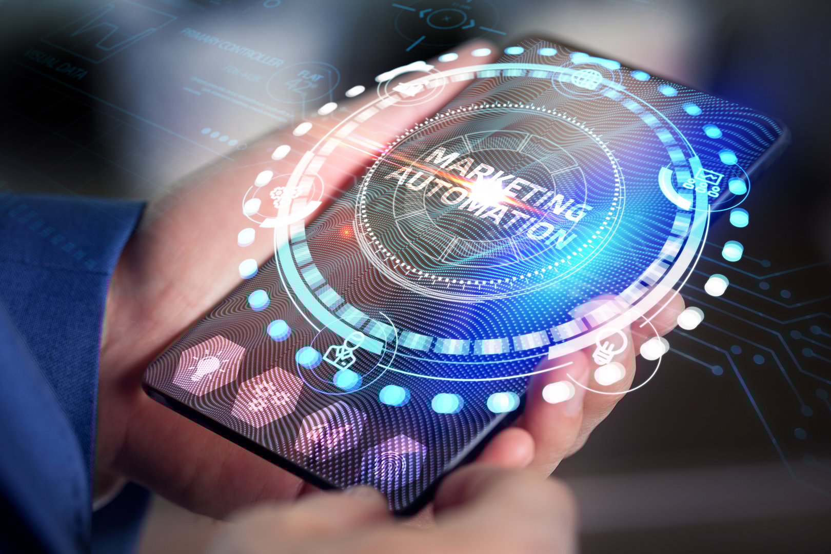 Planning marketing strategy. Business, Technology, Internet and network concept. Young businessman shows the word: Marketing automation