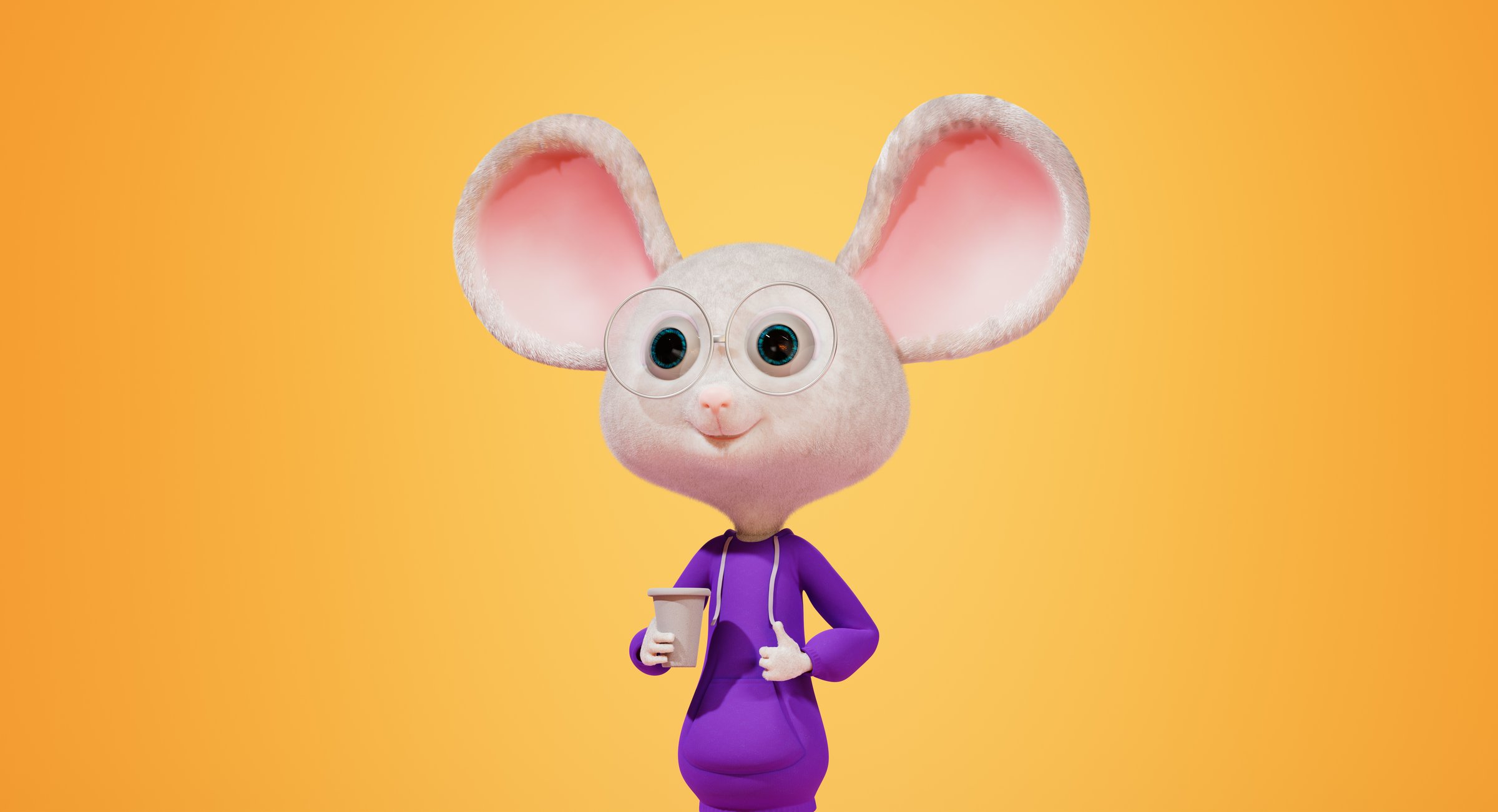 Cartoon character holding a cup of coffee, 3d render. Cartoon mouse hold paper coffee cup and shows a thumbs up