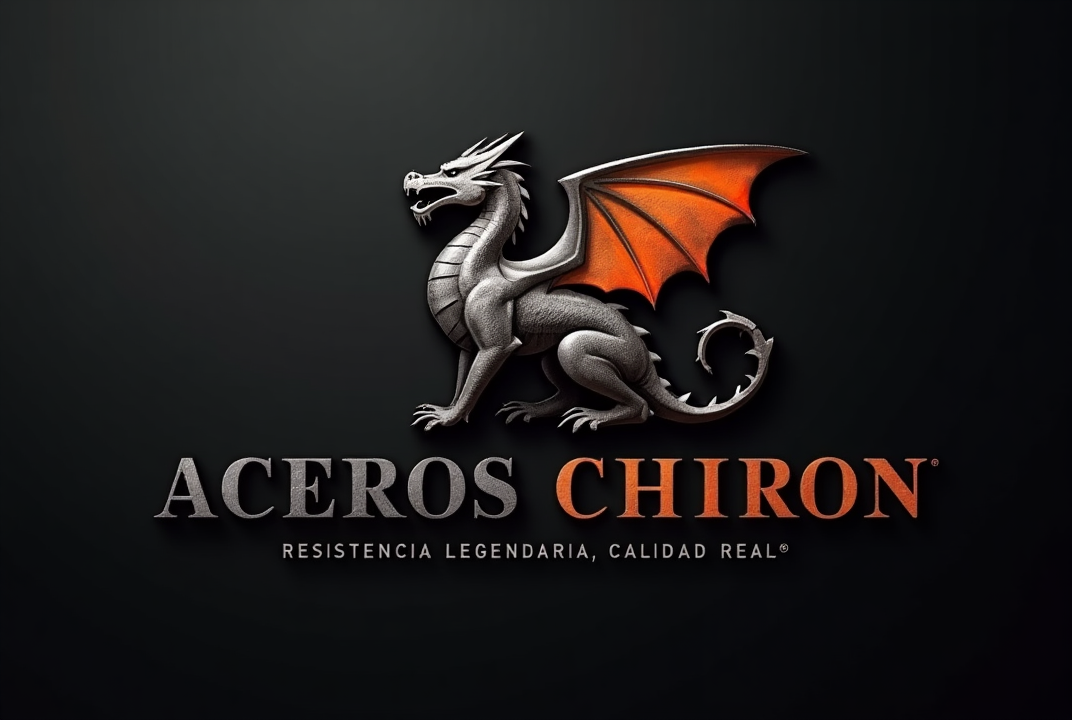 Logo with a silver dragon and orange wings above the text Aceros Chiron and Resistencia Legendaria, Calidad Real.