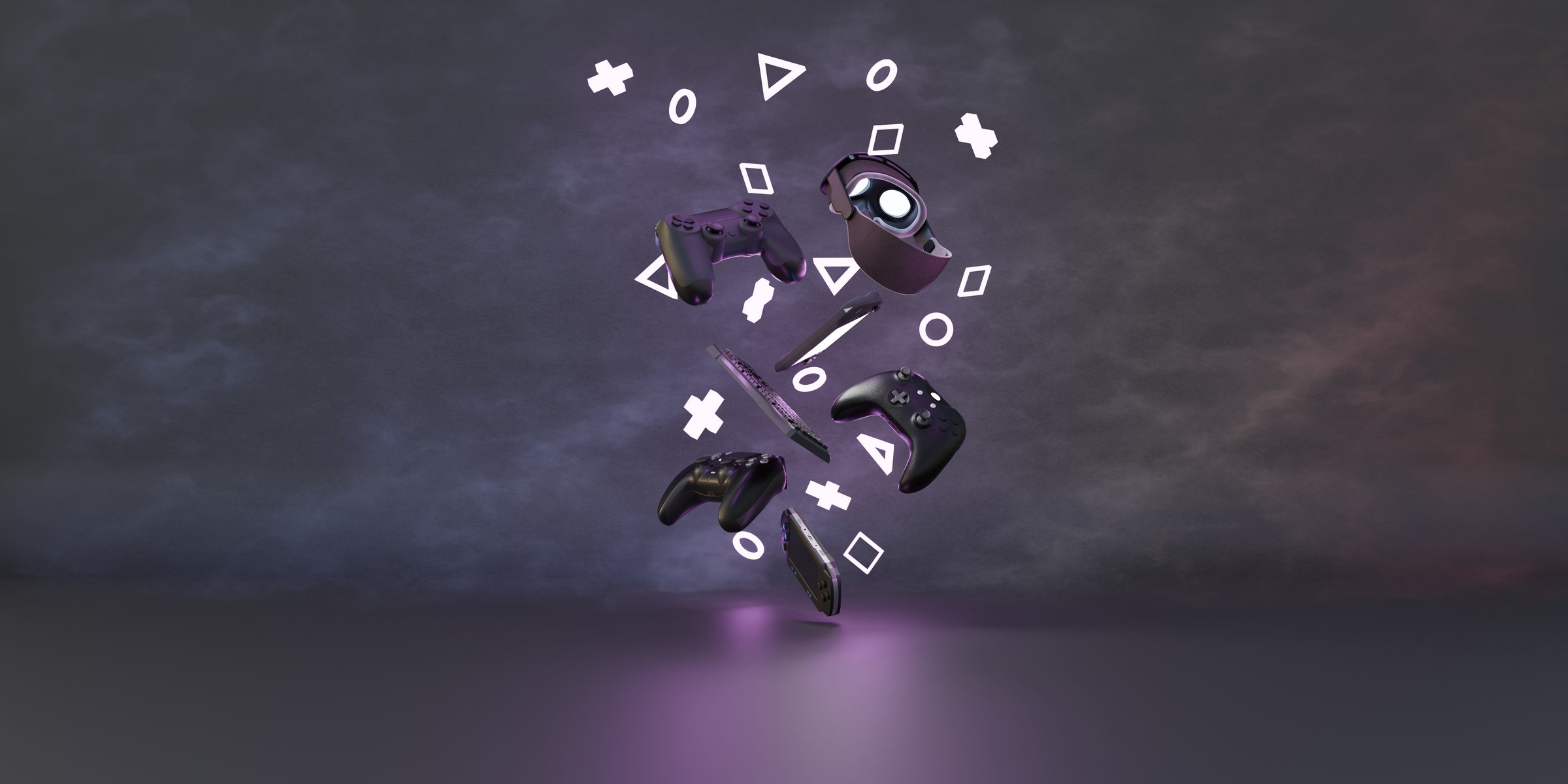 Joystick floating, Gamer technology, Video game equipment, Sci-fi background, Gaming, Virtual reality glasses, VR glasses mixed reality, Modern gadgets and technology concept, 3D rendering