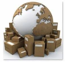 Globe surrounded by various cardboard boxes, symbolizing global shipping or worldwide delivery services.