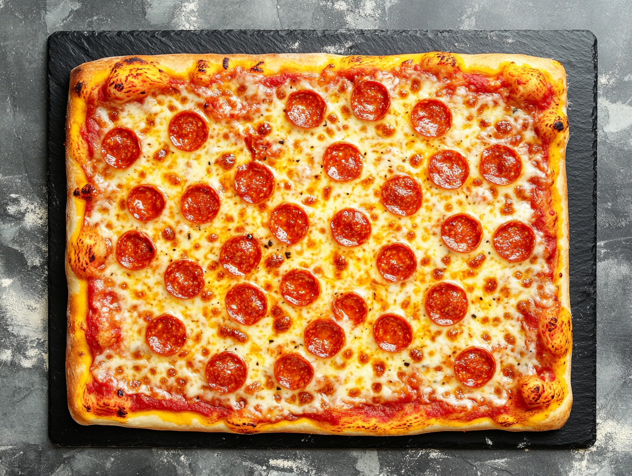 Rectangular pepperoni pizza with melted cheese on a dark stone background.