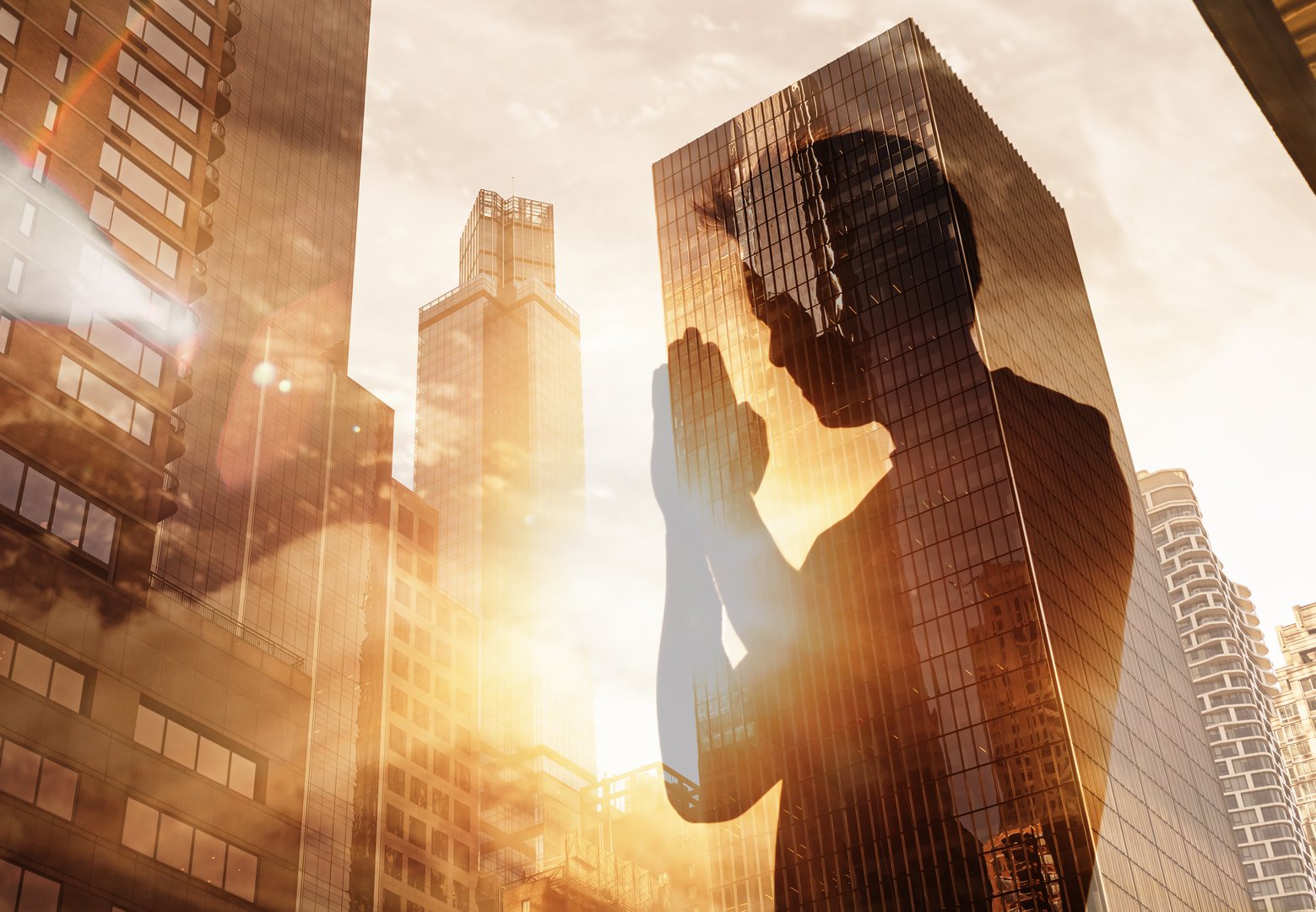 Man praying hands folded on city sunset background
